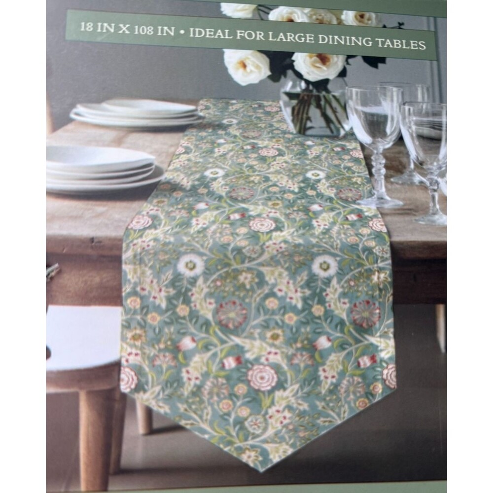 William Morris & Co Wilhemina Table Runner 18x108 Pointed Ends Floral Blue Green
